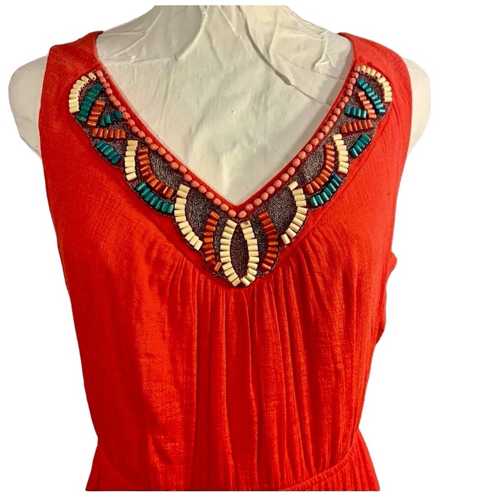 AGB Womens Orange Sleeveless Maxi Dress Size M Beaded V-Neck Elastic Waist Boho - Picture 5 of 15